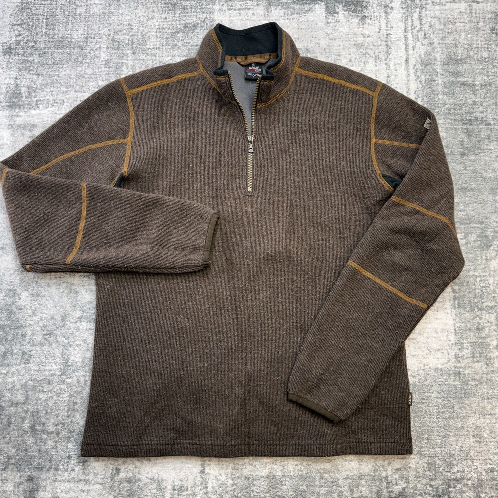 Kuhl Sweater Mens Large Brown 1/4 Zip Sweater Wool Thermo Kore Fleece Hike Gorp